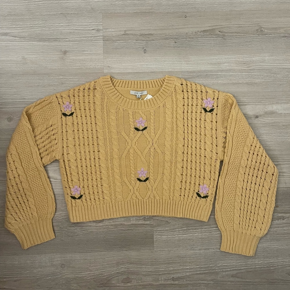 Love Tree mustard colored, Cable Knit Sweater with Purple Floral Embroidery